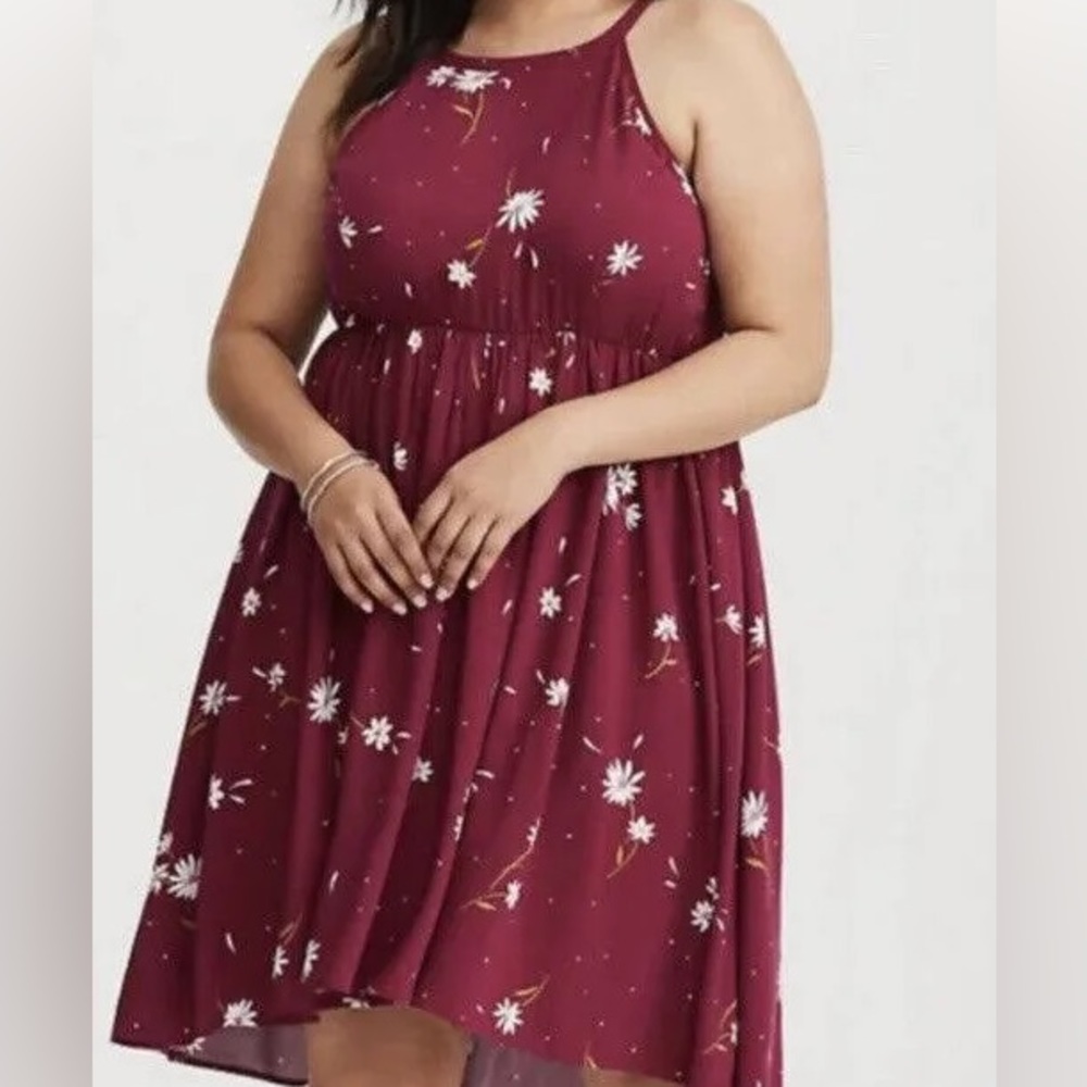 Torrid High Neck Floral Dress with a High Low Hem